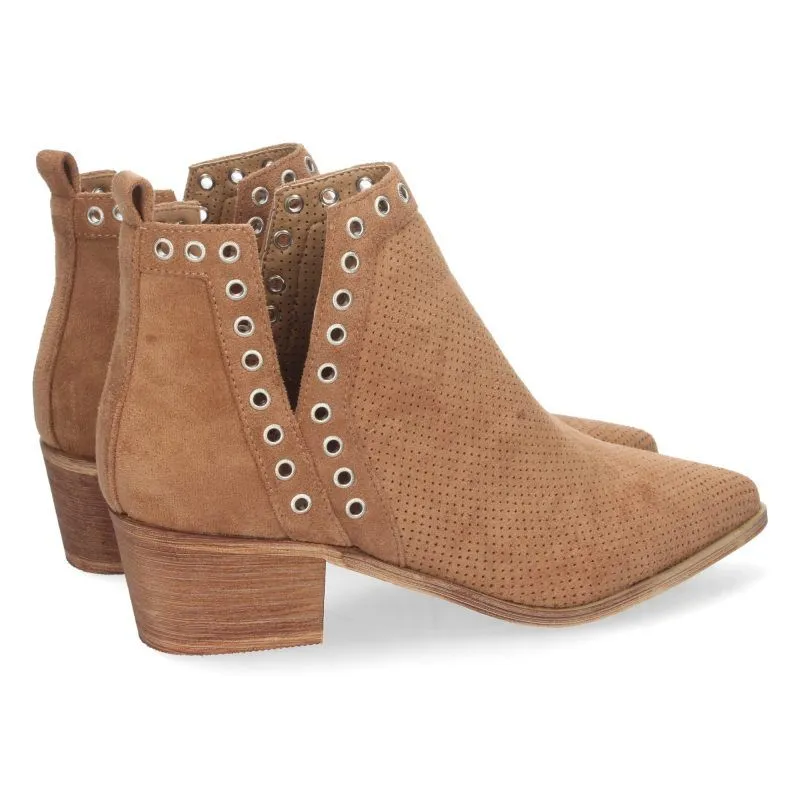 Botines con tachuelas mujer camel tacón ancho abiertos