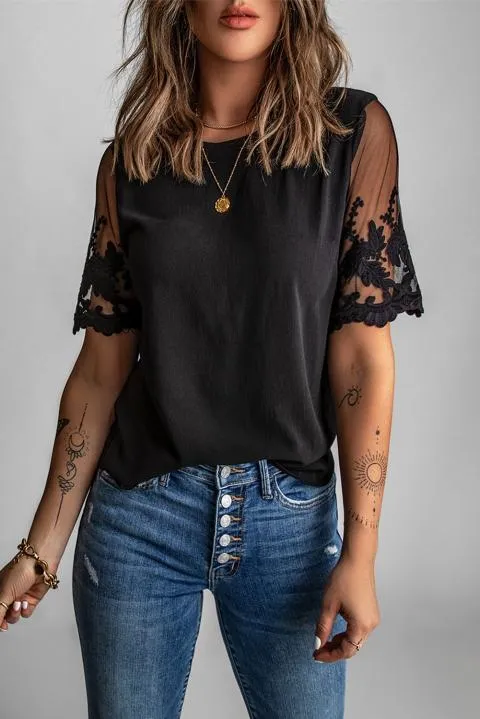 Camiseta de mujer con mangas transparentes Jurana, negra