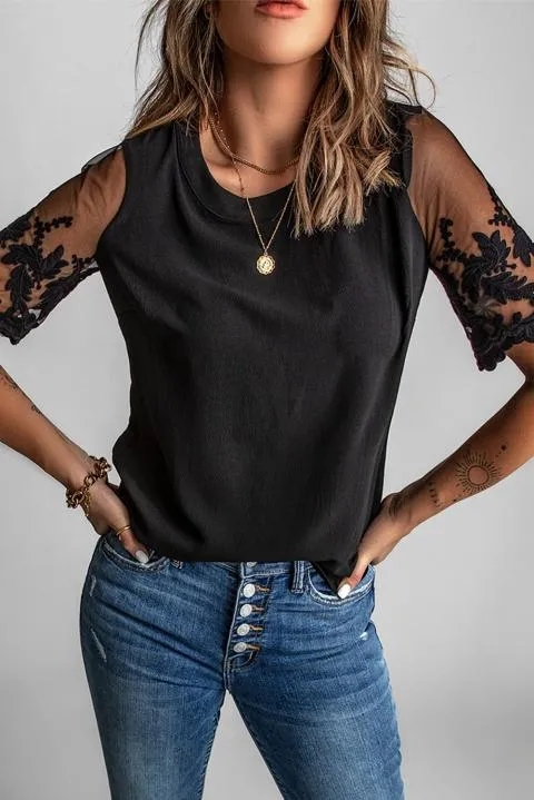 Camiseta de mujer con mangas transparentes Jurana, negra