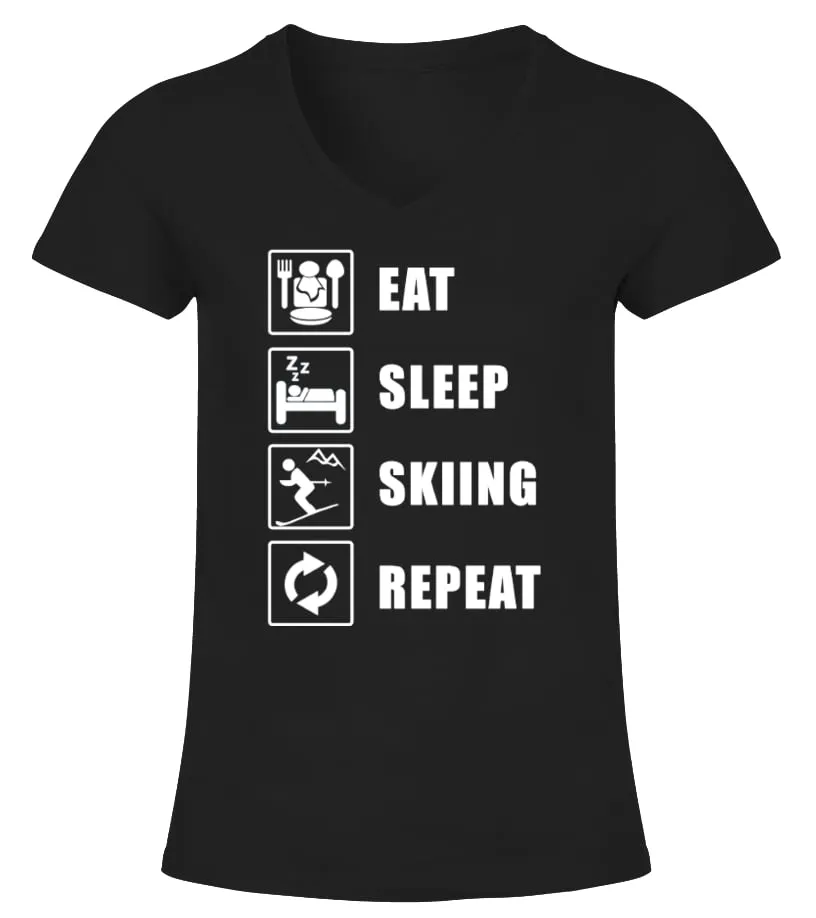 Eat. Sleep. Skiing. Repeat! Camiseta cuello pico Mujer