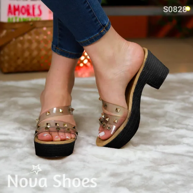 Hermosos taconcitos con fajas transparentes y broches metalicos, con suela color negra