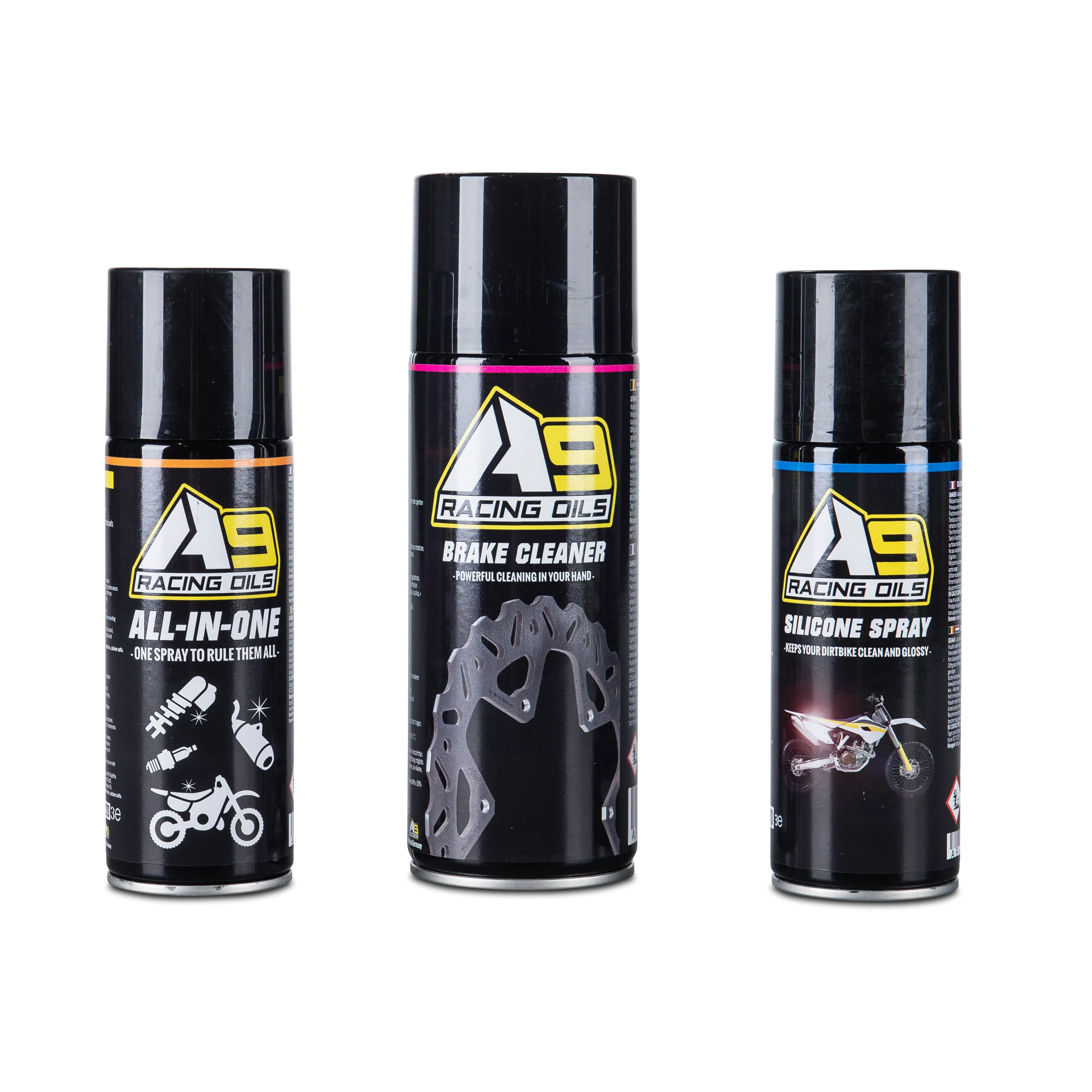 PACK3 ESPRáIS A9 RACING: LIMPIADOR DISCOS DE FRENO + ESPRAY SILICONA + ESPRAY ALLINONE