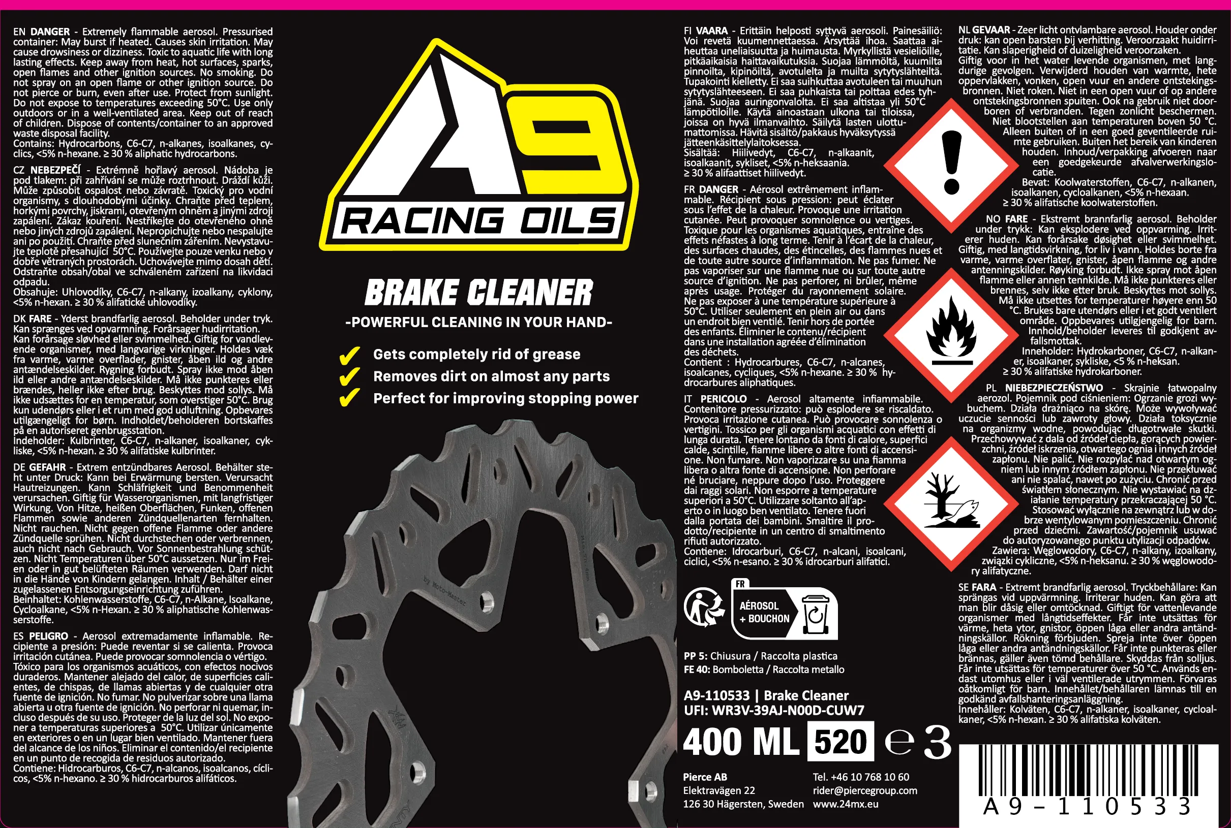 PACK3 ESPRáIS A9 RACING: LIMPIADOR DISCOS DE FRENO + ESPRAY SILICONA + ESPRAY ALLINONE