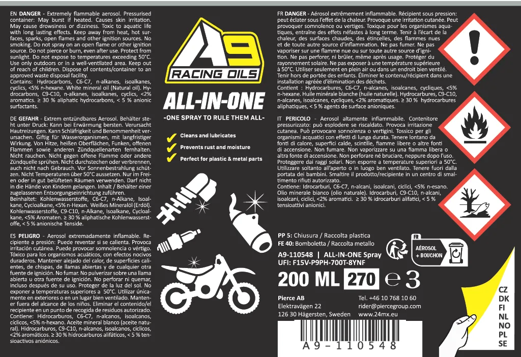 PACK3 ESPRáIS A9 RACING: LIMPIADOR DISCOS DE FRENO + ESPRAY SILICONA + ESPRAY ALLINONE