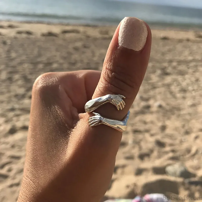 Romantic Embrace Hands Hug Couple Open Adjustable Ring Bride Princess Wedding Gift Promise Engagement Ring