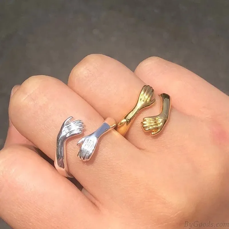 Romantic Embrace Hands Hug Couple Open Adjustable Ring Bride Princess Wedding Gift Promise Engagement Ring
