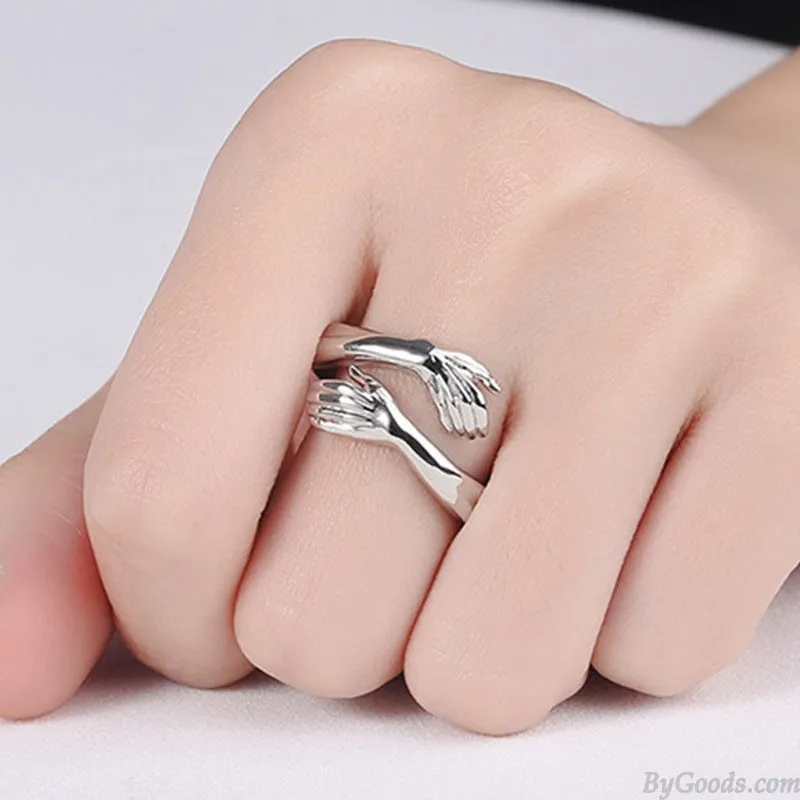 Romantic Embrace Hands Hug Couple Open Adjustable Ring Bride Princess Wedding Gift Promise Engagement Ring