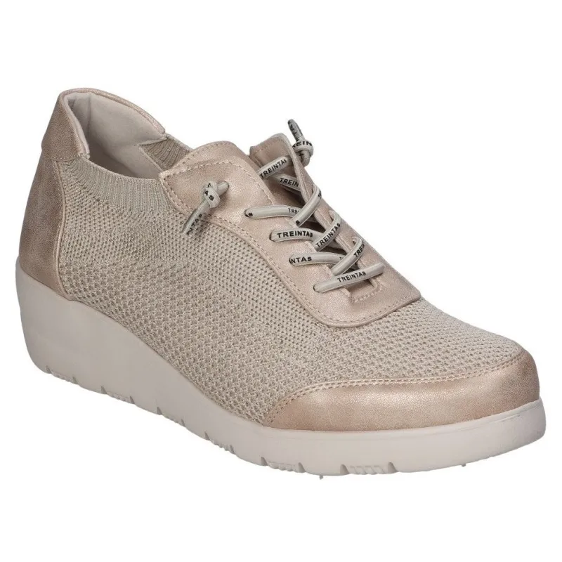 TREINTAS 4150 BEIGE  ZAPATO DE TELA CON CORDONES ELáSTICOS Y CUñA DE GOMA